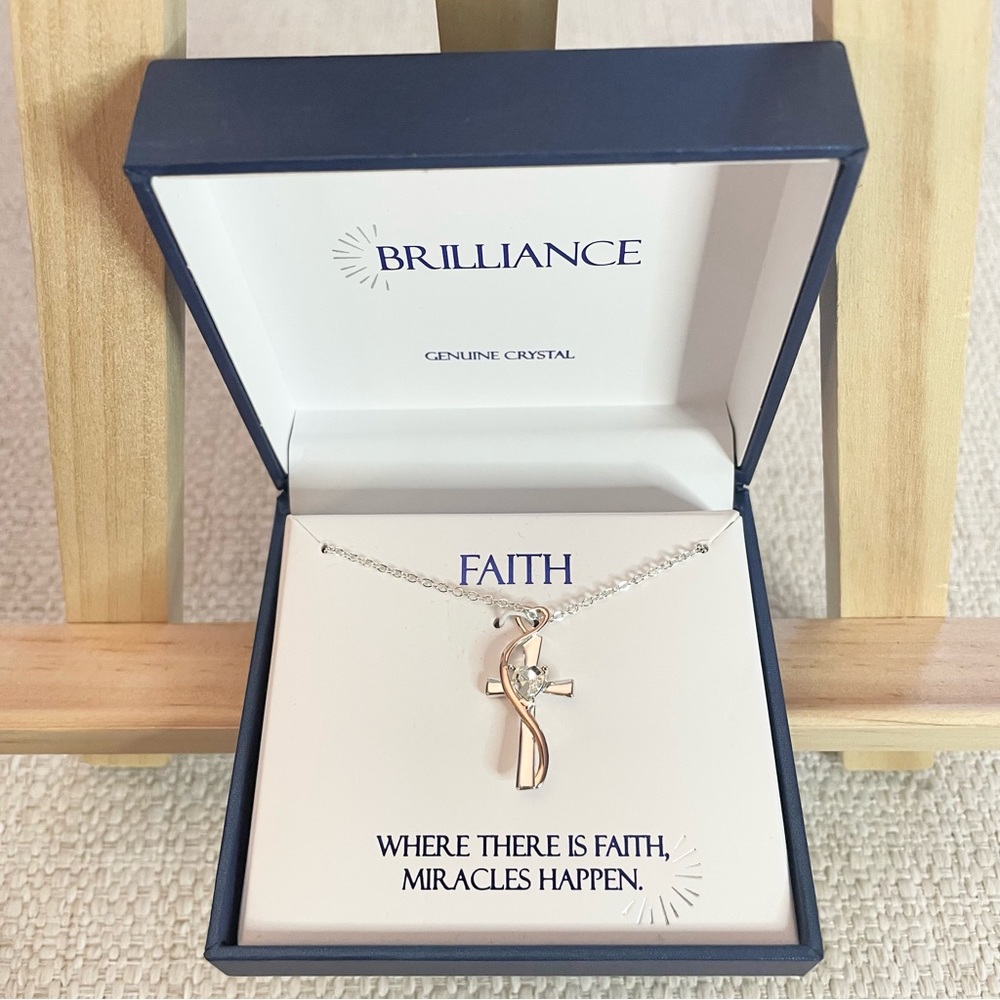 NWT Faith miracles happen, genuine crystal, cross, gold & silver necklace